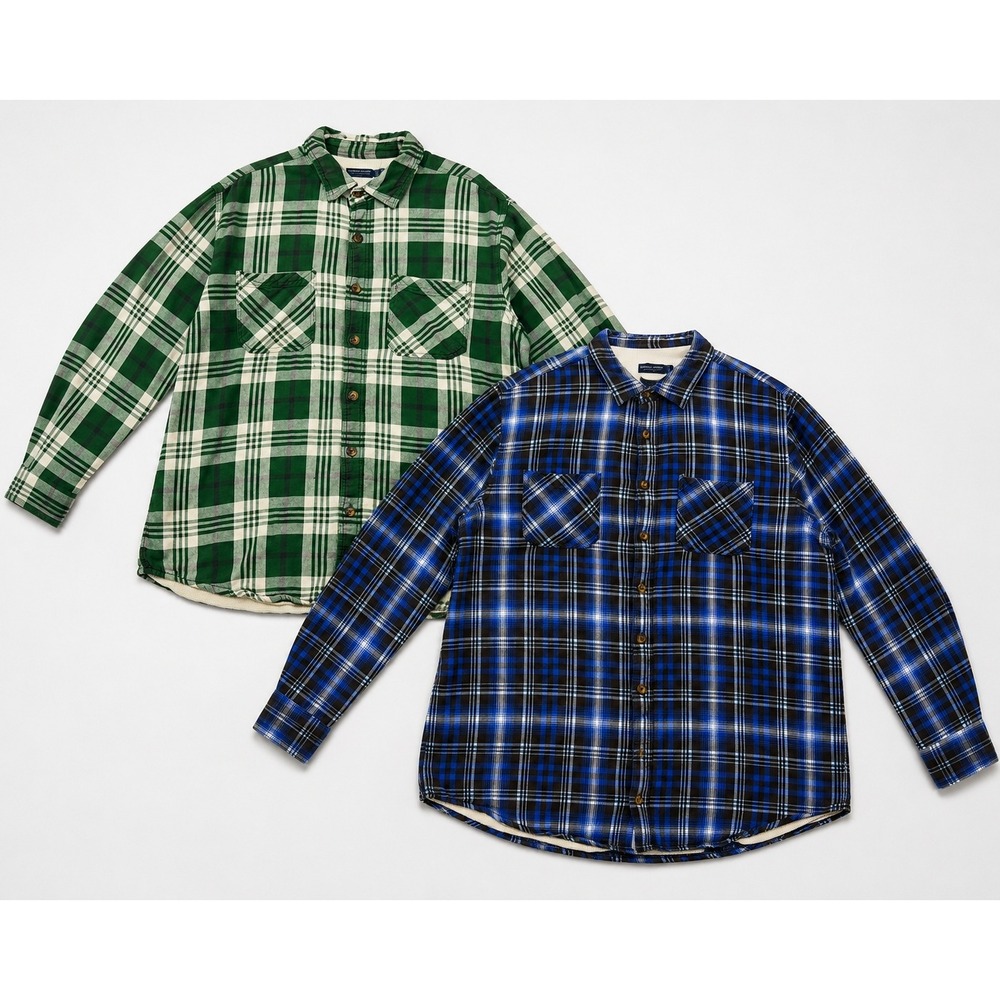 Faded Glory Flannel Shirt Men XL Blue Green Cotton Waffle Lined Plaid 2 Pack Lot